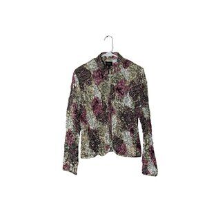 MSK Petite Womens Floral Crinkle Sequin Jacket PL Sparkly Zipper Mandarin Collar